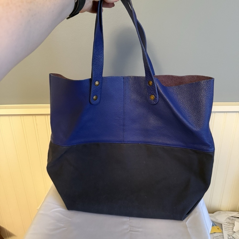 Royal Blue Navy Leather Canvas North South Rectangle Tote Bag Purse Unbranded